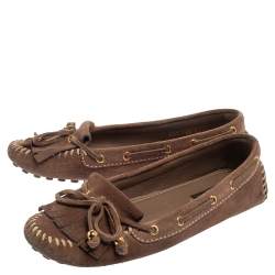 Pre Owned Louis Vuitton Brown Suede Bow Fringe Loafers Size 37