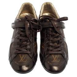 Pre Owned Louis Vuitton Brown Monogram Canvas And Patent Leather Low Top Sneakers Size 36 
