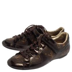 Pre Owned Louis Vuitton Brown Monogram Canvas And Patent Leather Low Top Sneakers Size 36 