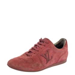 Pre Owned  Louis Vuitton Pink Perforated Suede Low Top Sneakers Size 35.5