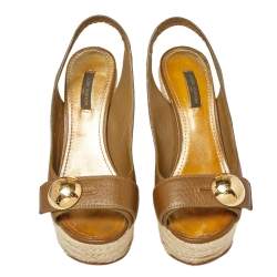 Pre Owned صندل لوي فيتون كعب روكي إسبادريل مقدمة مفتوحة نعل سميك فتحة كعب جلد أخضر زيتوني مقاس 37