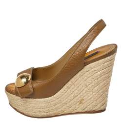 Pre Owned صندل لوي فيتون كعب روكي إسبادريل مقدمة مفتوحة نعل سميك فتحة كعب جلد أخضر زيتوني مقاس 37