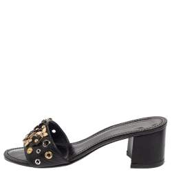 Pre Owned صندل سلايد لوى فيتون كعب عريض زخرفة إبليك جلد أسود مقاس 37