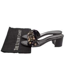 Pre Owned صندل سلايد لوى فيتون كعب عريض زخرفة إبليك جلد أسود مقاس 37