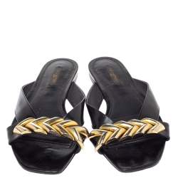 مملوكة مسبقًا Louis Vuitton Black Leather Embellished  Slide Sandals Size 39.5