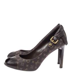Pre Owned Louis Vuitton Brown Monogram Mini Lin Canvas And Leather Buckle Detail Peep Toe Pumps Size 37