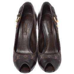 Pre Owned Louis Vuitton Brown Monogram Mini Lin Canvas And Leather Buckle Detail Peep Toe Pumps Size 37