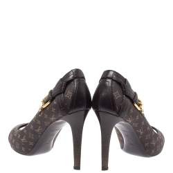 Pre Owned Louis Vuitton Brown Monogram Mini Lin Canvas And Leather Buckle Detail Peep Toe Pumps Size 37