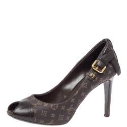 Pre Owned Louis Vuitton Brown Monogram Mini Lin Canvas And Leather Buckle Detail Peep Toe Pumps Size 37