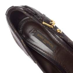 Pre Owned Louis Vuitton Brown Monogram Mini Lin Canvas And Leather Buckle Detail Peep Toe Pumps Size 37