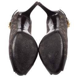 Pre Owned Louis Vuitton Brown Monogram Mini Lin Canvas And Leather Buckle Detail Peep Toe Pumps Size 37