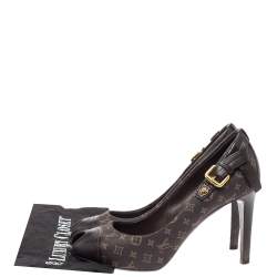Pre Owned Louis Vuitton Brown Monogram Mini Lin Canvas And Leather Buckle Detail Peep Toe Pumps Size 37