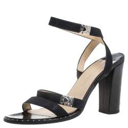 Pre Owned Louis Vuitton Black Monogram Mini Lin Satin Studded Ankle Wrap Sandals Size 38