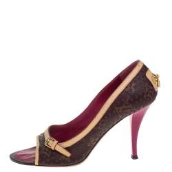 مملوكة مسبقًا حذاء كعب عالي لوي فيتون مزين إبزيم جلد و كانفاس مقوى بني و بيج مقاس 36