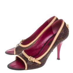 مملوكة مسبقًا حذاء كعب عالي لوي فيتون مزين إبزيم جلد و كانفاس مقوى بني و بيج مقاس 36