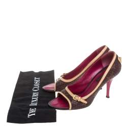 مملوكة مسبقًا حذاء كعب ع�الي لوي فيتون مزين إبزيم جلد و كانفاس مقوى بني و بيج مقاس 36