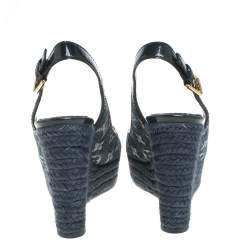 مملوكة مسبقًا Louis Vuitton Denim Fabric And Patent Leather Monogram Bastille Espadrilles Slingback Wedge Sandals Size 40