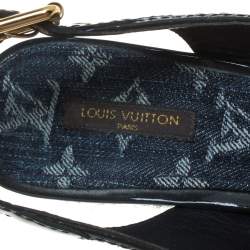 مملوكة مسبقًا Louis Vuitton Denim Fabric And Patent Leather Monogram Bastille Espadrilles Slingback Wedge Sandals Size 40