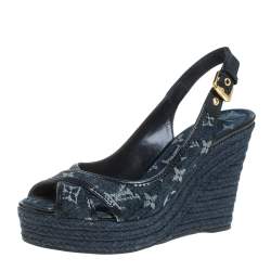 مملوكة مسبقًا Louis Vuitton Denim Fabric And Patent Leather Monogram Bastille Espadrilles Slingback Wedge Sandals Size 40