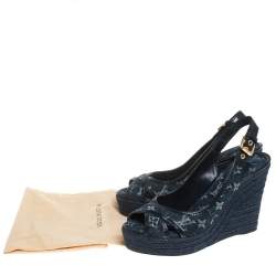 مملوكة مسبقًا Louis Vuitton Denim Fabric And Patent Leather Monogram Bastille Espadrilles Slingback Wedge Sandals Size 40