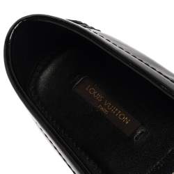 Pre Owned Louis Vuitton Black Patent Leather Logo Slip On Loafers Size 36.5