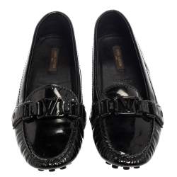 Pre Owned Louis Vuitton Black Patent Leather Logo Slip On Loafers Size 36.5