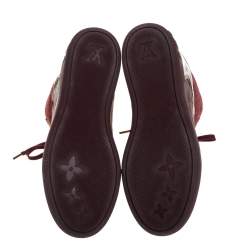 Pre Owned Louis Vuitton Burgundy Patent Leather and Suede Monogram Cliff Top Wedge Ankle Boots Size 37.5