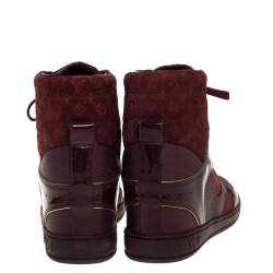 Pre Owned Louis Vuitton Burgundy Patent Leather and Suede Monogram Cliff Top Wedge Ankle Boots Size 37.5