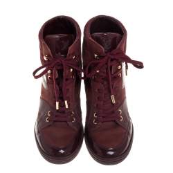Pre Owned Louis Vuitton Burgundy Patent Leather and Suede Monogram Cliff Top Wedge Ankle Boots Size 37.5