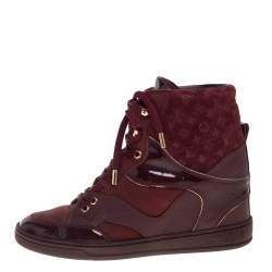Pre Owned Louis Vuitton Burgundy Patent Leather and Suede Monogram Cliff Top Wedge Ankle Boots Size 37.5