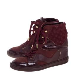 Pre Owned Louis Vuitton Burgundy Patent Leather and Suede Monogram Cliff Top Wedge Ankle Boots Size 37.5