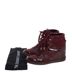 Pre Owned Louis Vuitton Burgundy Patent Leather and Suede Monogram Cliff Top Wedge Ankle Boots Size 37.5
