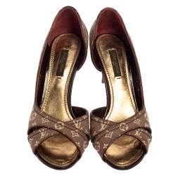 Pre Owned حذاء كعب عالي لوي فيتون دورساي مقدمة مفتوحة جلد لامع و كانفاس ميني لين بيج و عنابي مقاس 35.5