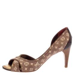 Pre Owned حذاء كعب عالي لوي فيتون دورساي مقدمة مفتوحة جلد لامع و كانفاس ميني لين بيج و عنابي مقاس 35.5