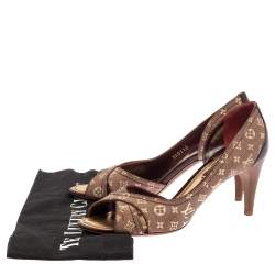 Pre Owned حذاء كعب عالي لوي فيتون دورساي مقدمة مفتوحة جلد لامع و كانفاس ميني لين بيج و عنابي مقاس 35.5