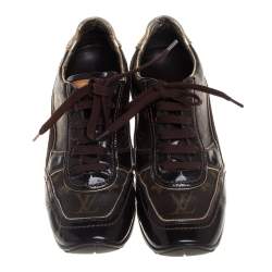 Pre Owned Louis Vuitton Brown Patent Leather And Monogram Canvas Lace Up Sneakers Size 39.5