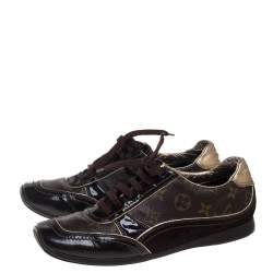 Pre Owned Louis Vuitton Brown Patent Leather And Monogram Canvas Lace Up Sneakers Size 39.5