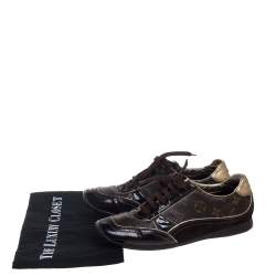 Pre Owned Louis Vuitton Brown Patent Leather And Monogram Canvas Lace Up Sneakers Size 39.5