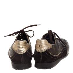 Pre Owned Louis Vuitton Brown Patent Leather And Monogram Canvas Lace Up Sneakers Size 39.5