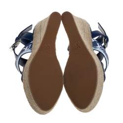 Pre Owned Louis Vuitton Blue/White Monogram Canvas And Leather Escale Starboard Wedges Size 38