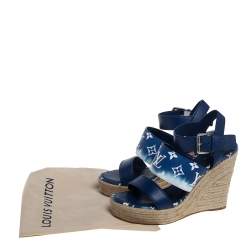 Pre Owned Louis Vuitton Blue/White Monogram Canvas And Leather Escale Starboard Wedges Size 38