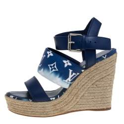 Pre Owned Louis Vuitton Blue/White Monogram Canvas And Leather Escale Starboard Wedges Size 38