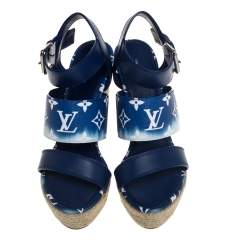 Pre Owned Louis Vuitton Blue/White Monogram Canvas And Leather Escale Starboard Wedges Size 38