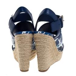 Pre Owned Louis Vuitton Blue/White Monogram Canvas And Leather Escale Starboard Wedges Size 38