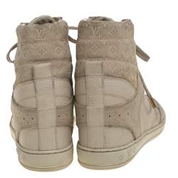Louis Vuitton Beige Embossed Monogram Suede And Leather Millenium Wedge Sneakers Size 39