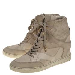 Louis Vuitton Beige Embossed Monogram Suede And Leather Millenium Wedge Sneakers Size 39