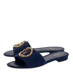Pre Owned Louis Vuitton Blue Suede Crystal Madeleine Flat Mules Size 37