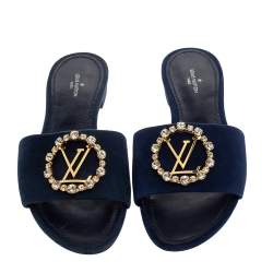 Pre Owned Louis Vuitton Blue Suede Crystal Madeleine Flat Mules Size 37