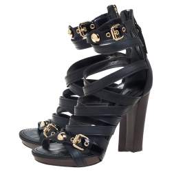 Pre Owned صندل لوي فيتون جلد لامع وجلد أسود سيور مقاس 38