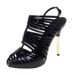 Pre Owned Louis Vuitton Black Patent Leather Caged Slingback Sandals Size 37